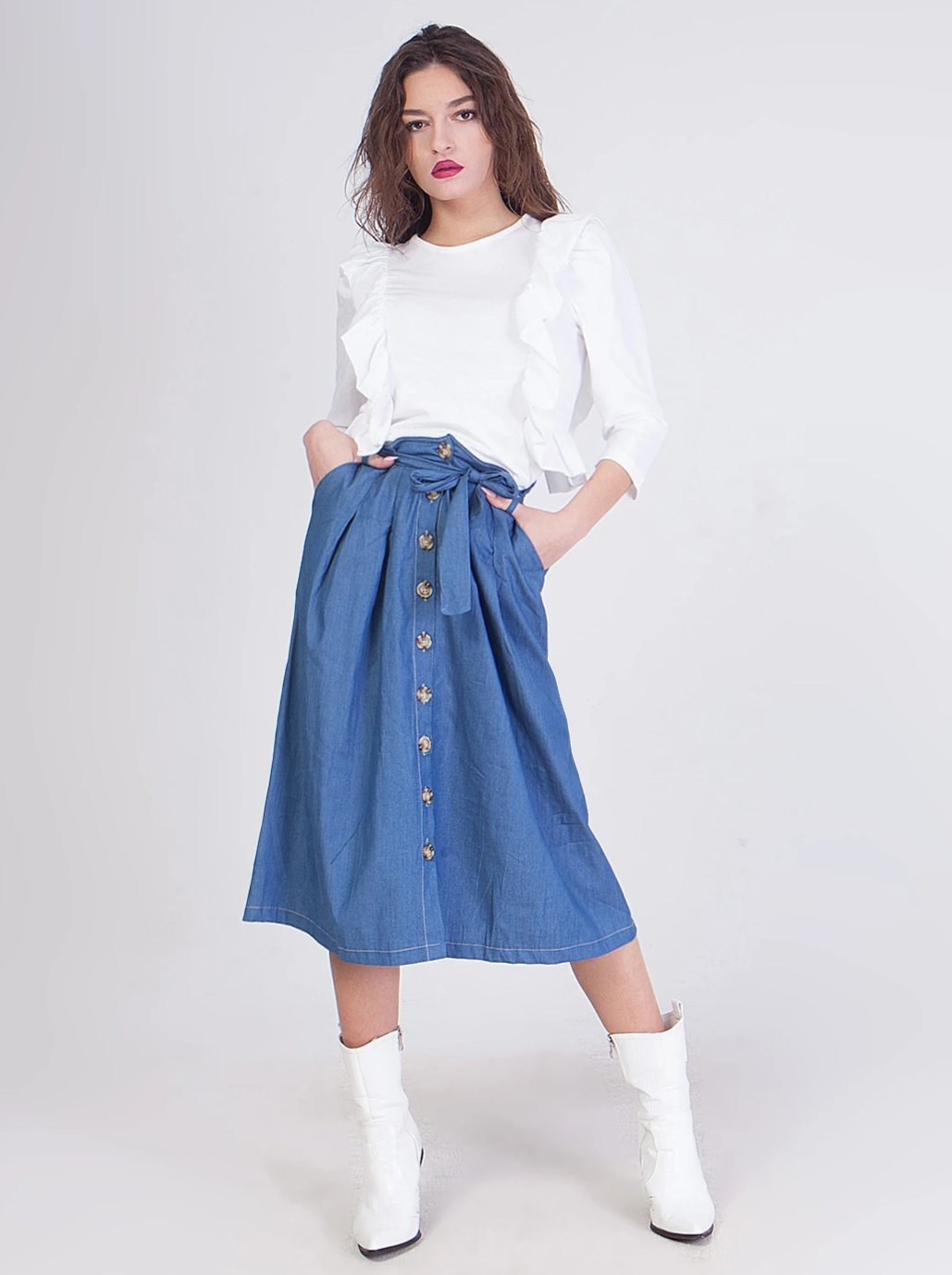 Φούστα midi blue jeans βαμβακερή