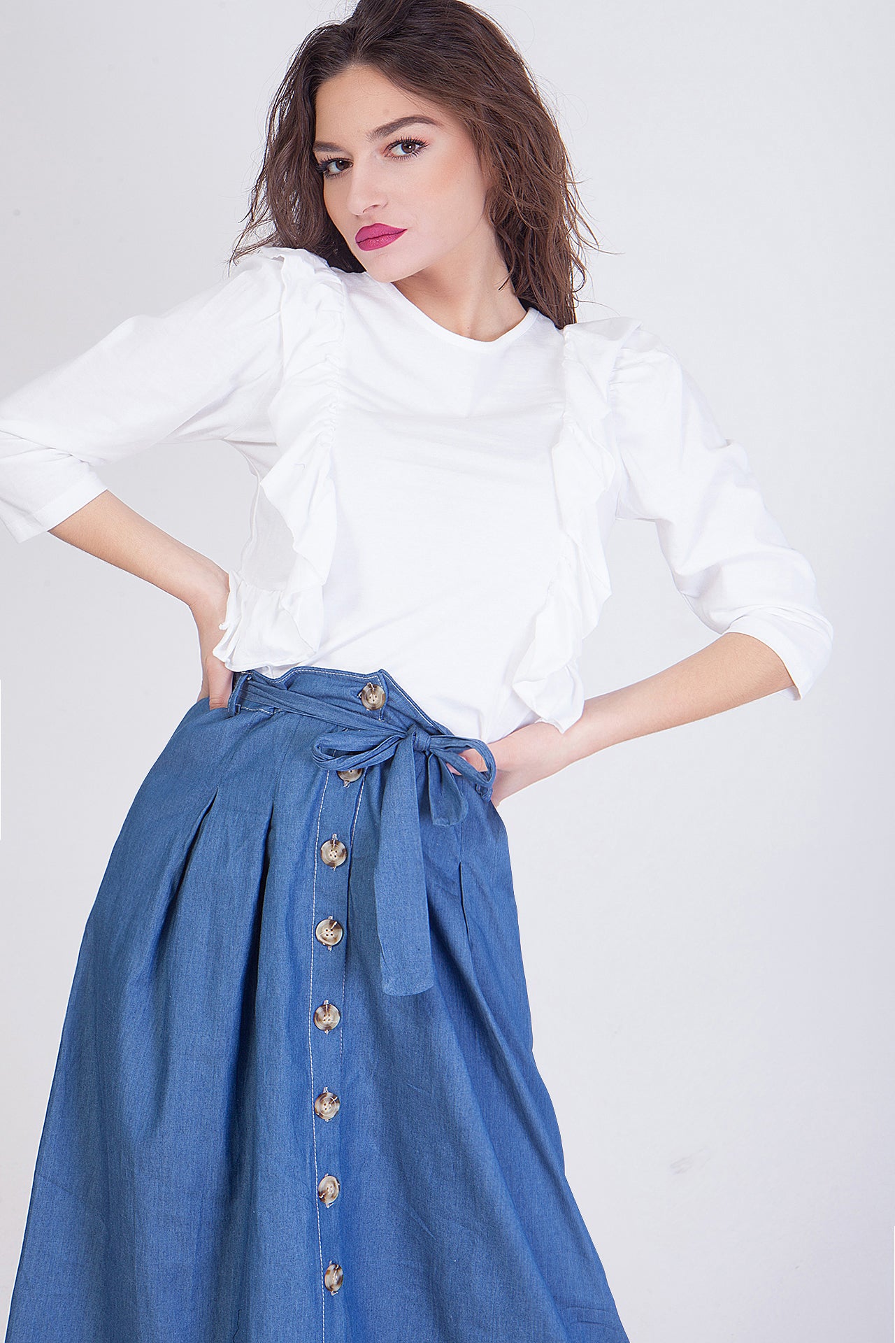 Φούστα midi blue jeans βαμβακερή