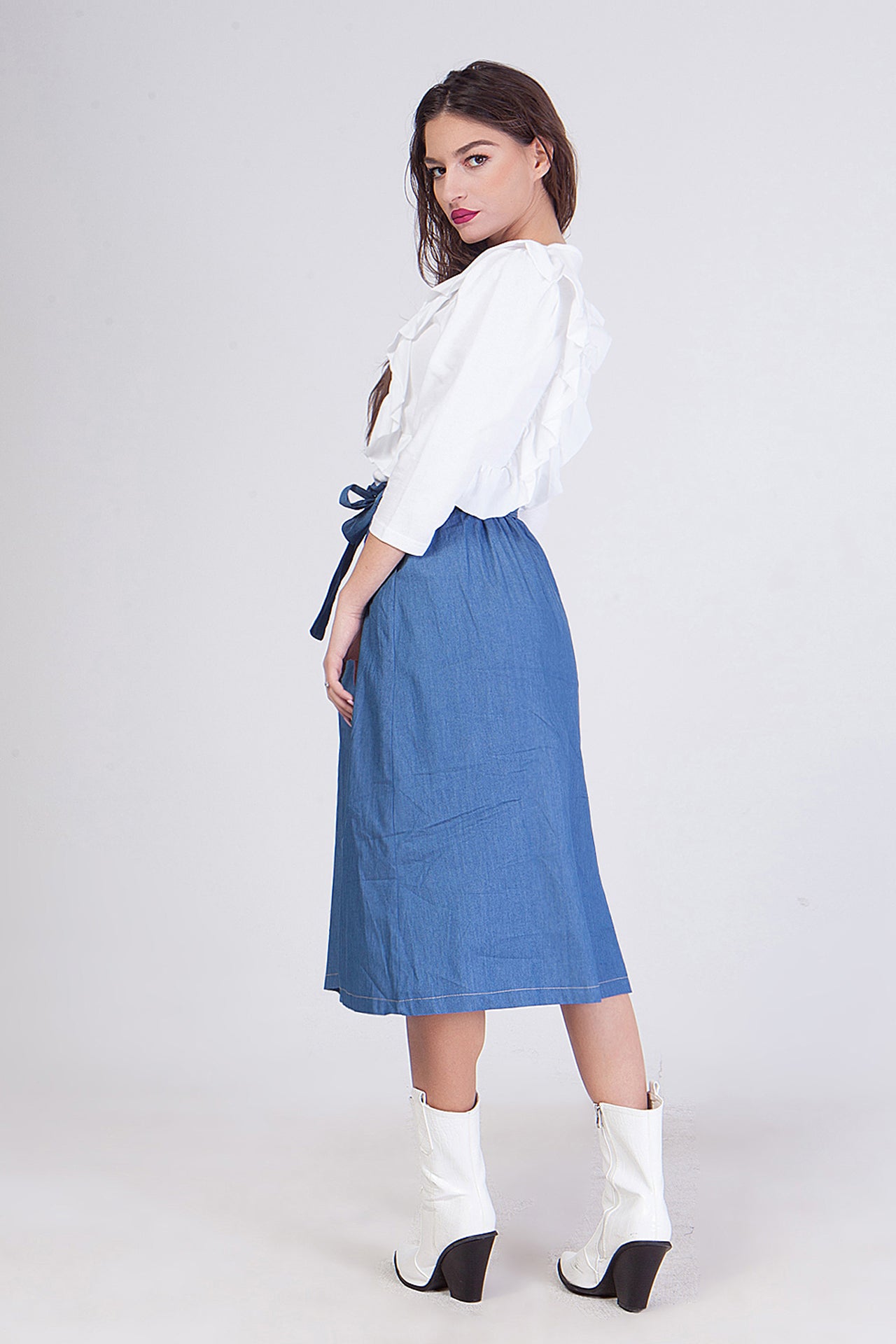 Φούστα midi blue jeans βαμβακερή