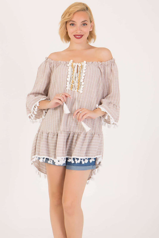 Μπλούζα έξωμη ριγέ βαμβακολινή