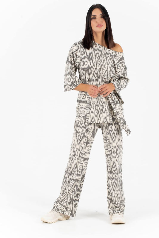 Σετ πλεκτό μπλούζα - παντελόνι printed