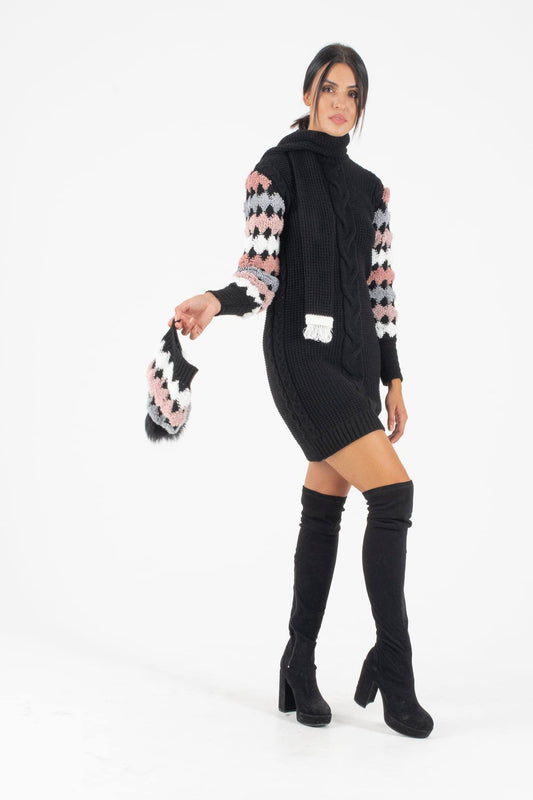 Σετ φόρεμα πλεκτό με σκουφί και κασκόλ