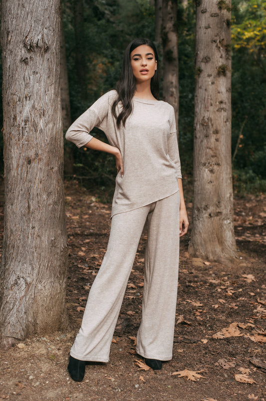 Σετ πλεκτό rib μπλούζα - παντελόνα