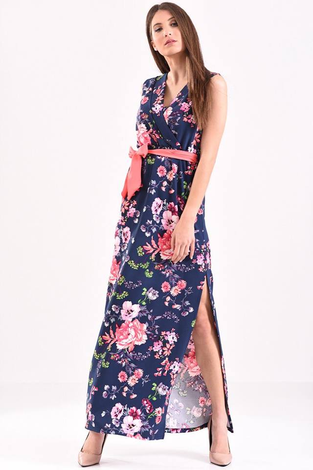 Φόρεμα floral κρουαζέ με ζώνη