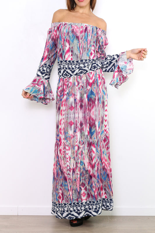 Φόρεμα εμπριμέ maxi με καμπάνα μανίκια