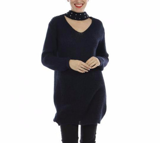 Μπλούζα πλεκτή με τσόκερ και πέρλες