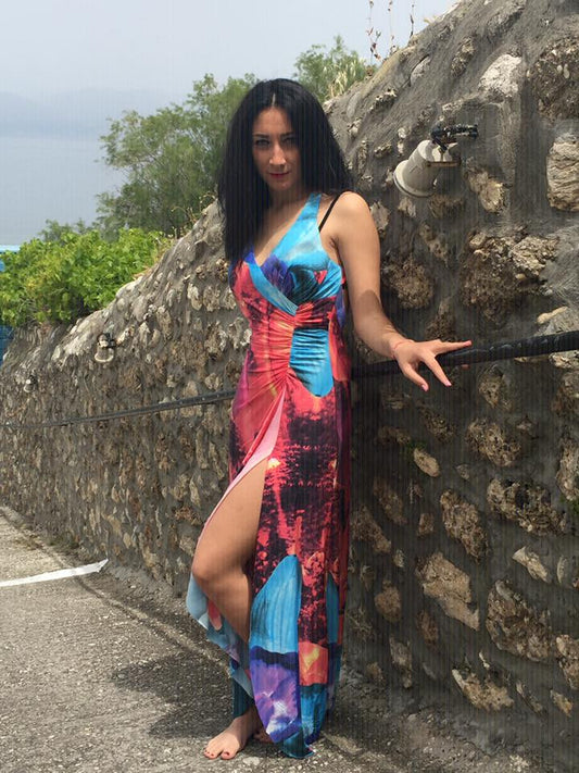 Φόρεμα εμπριμέ ασύμμετρο εξώπλατο