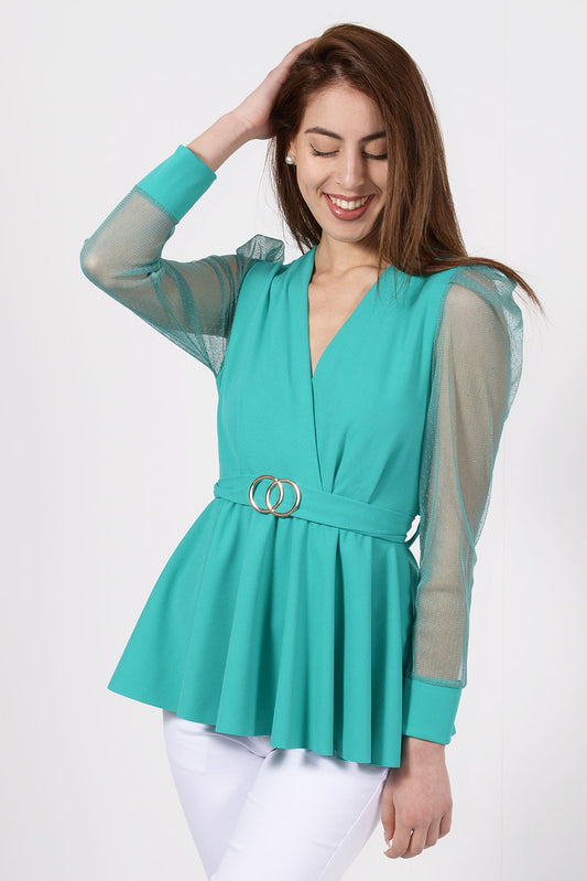 Mπλούζα με διαφανή μανίκια και ζώνη