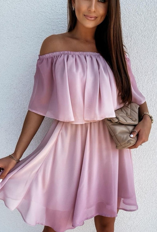 Φόρεμα mini έξωμο με βολάν