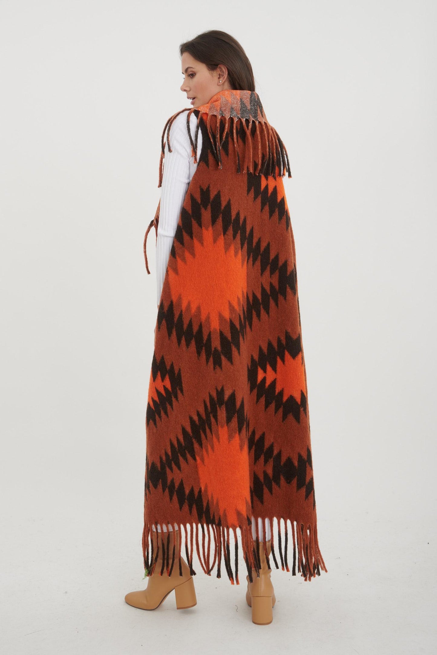 Ζακέτα ponchos maxi multicolor με κρόσσια