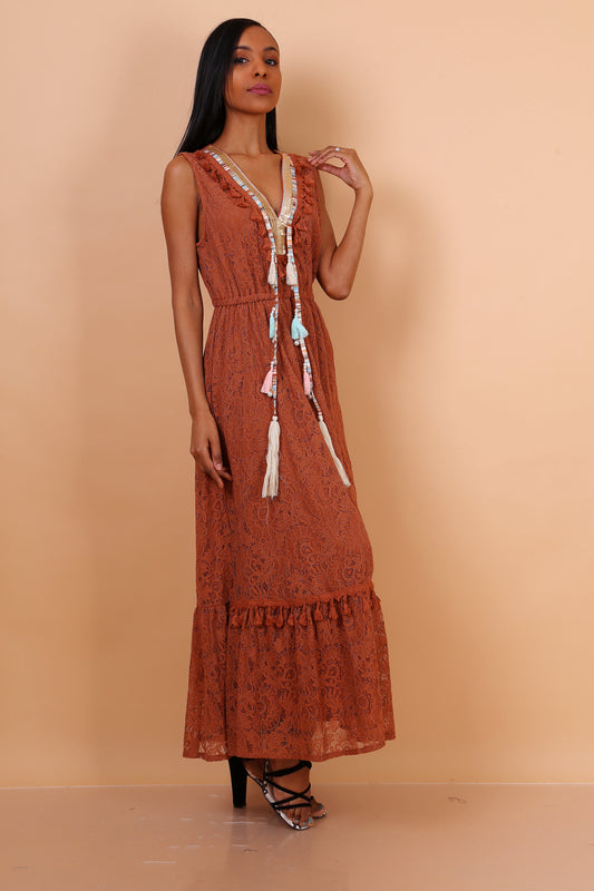 Φόρεμα boho maxi δανδελένιο