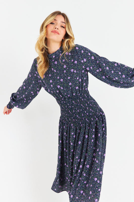 Chiffon smocked midi dress floral