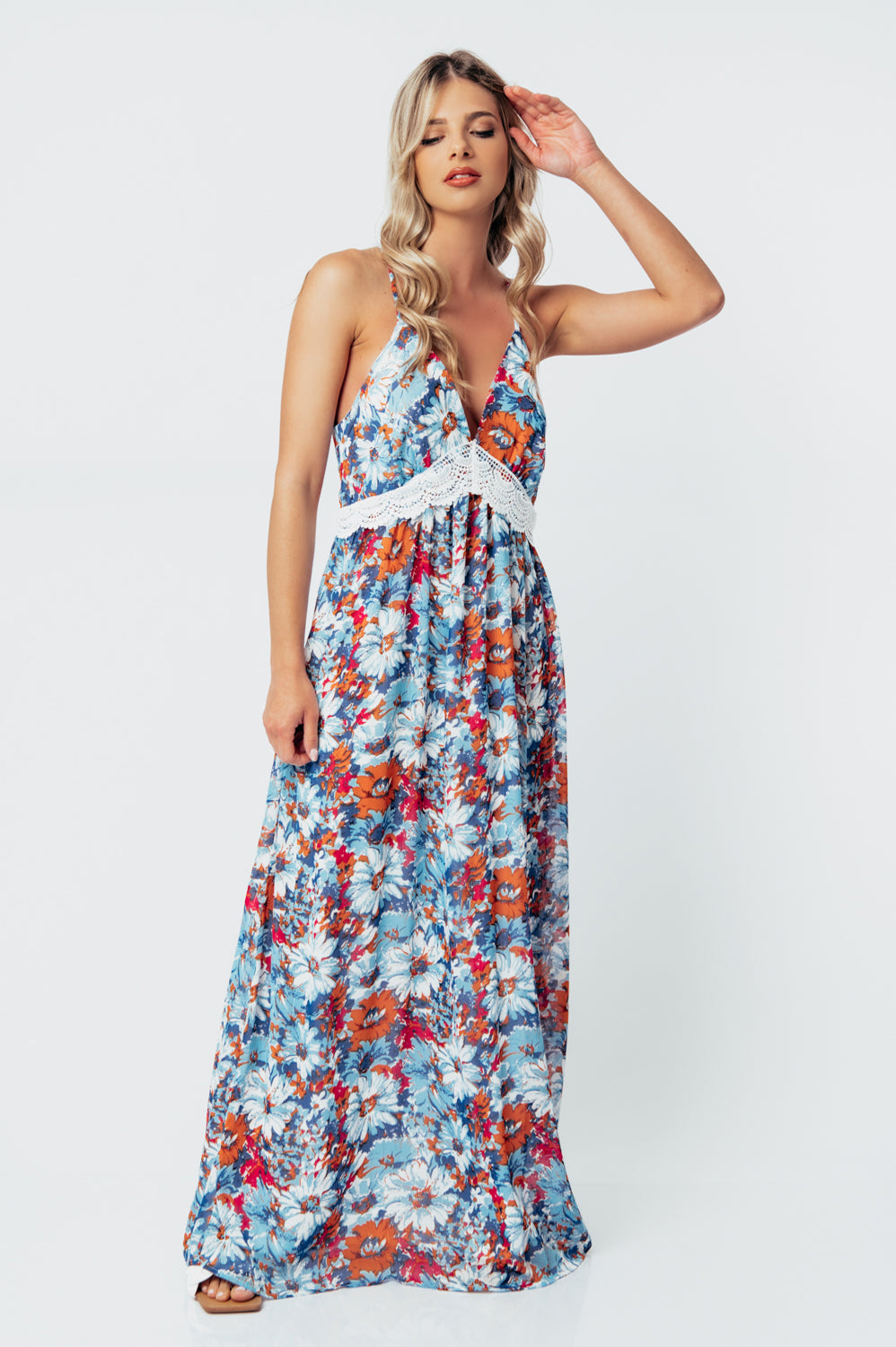 Φόρεμα maxi floral με κηπούρ δανδέλα