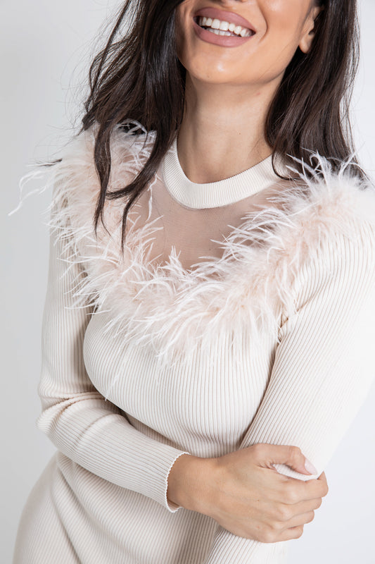 Φόρεμα midi rib με πούπουλα