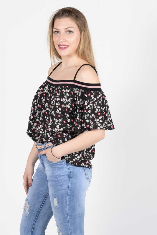 Μπλούζα floral με λάστιχο και ράντες