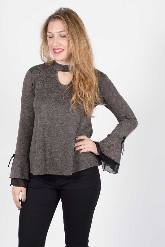 Μπλούζα με τσόκερ και καμπάνα μανίκι με φιόγκο