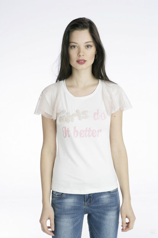 Top με στάμπα και πέρλες και δίχτυ στα μανίκια