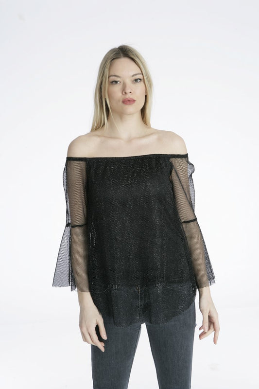 Top strapless με δίχτυ και φαρδιά μανίκια