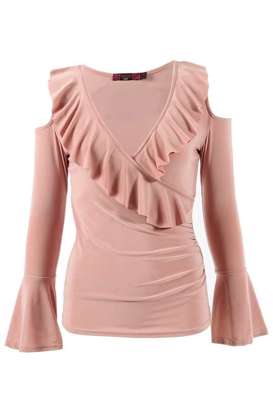 Μπλούζα έξωμη με βολάν και καμπάνα
